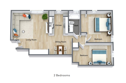 A floor plan of a house with two bedrooms, a living room, a dining room, a kitchen, and a bathroom.